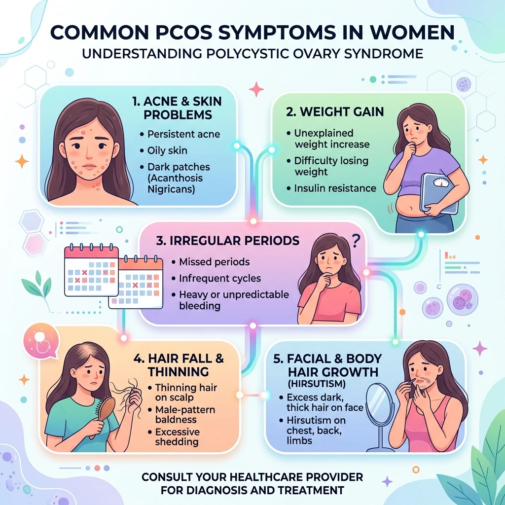 common symptoms of PCOS including irregular periods acne and weight gain