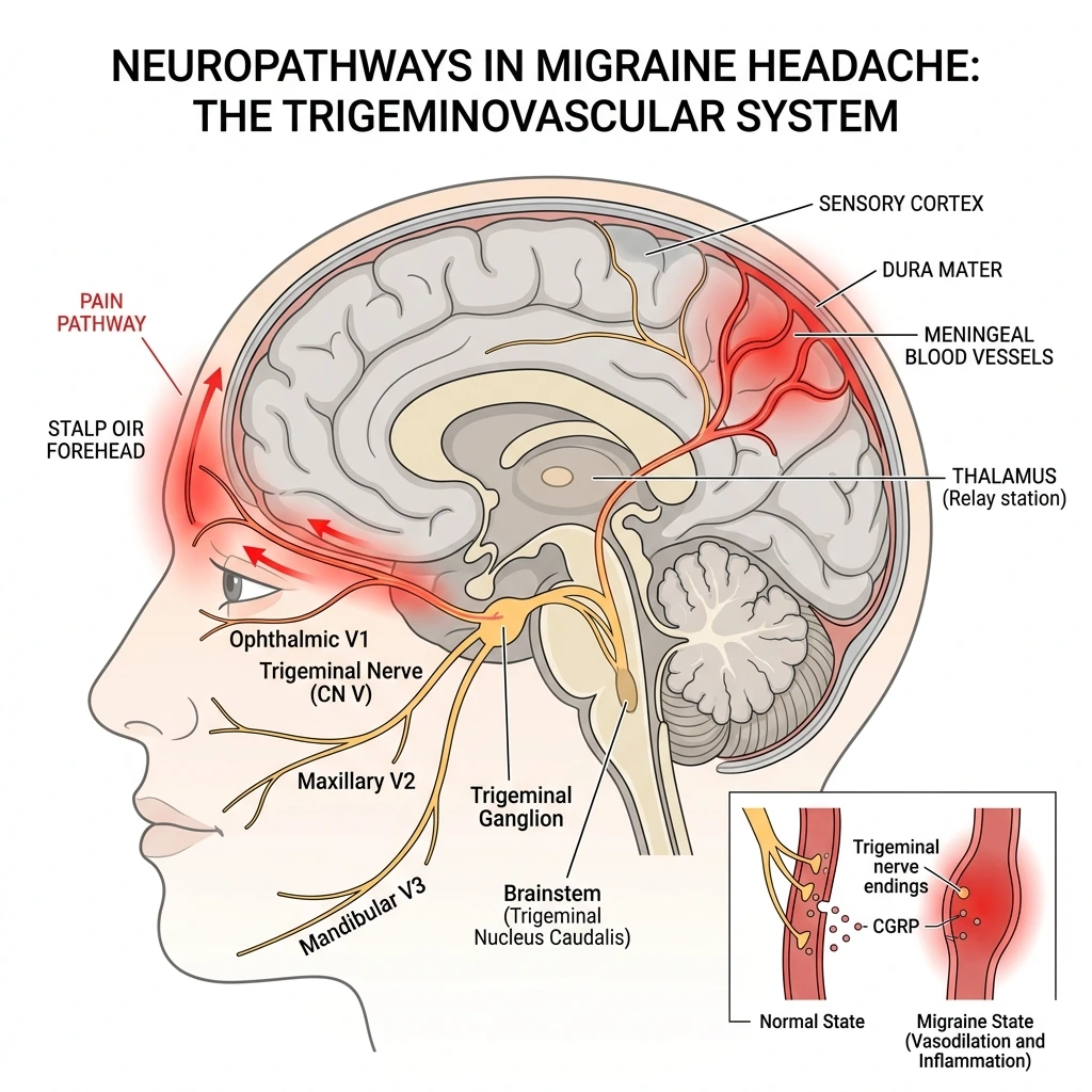 medical illustration showing brain nerves involved in migraine headache