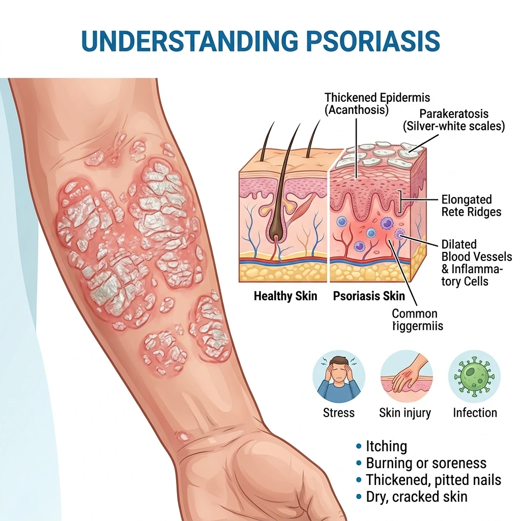 medical illustration showing psoriasis skin inflammation and plaques