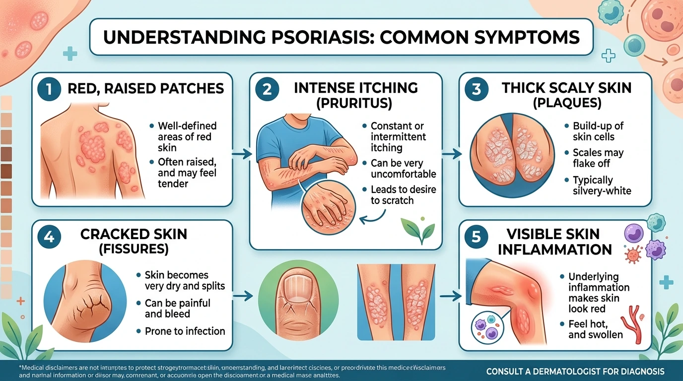 common symptoms of psoriasis including red patches itching and skin scaling