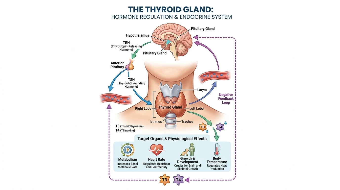 medical illustration showing thyroid gland and hypothyroidism
