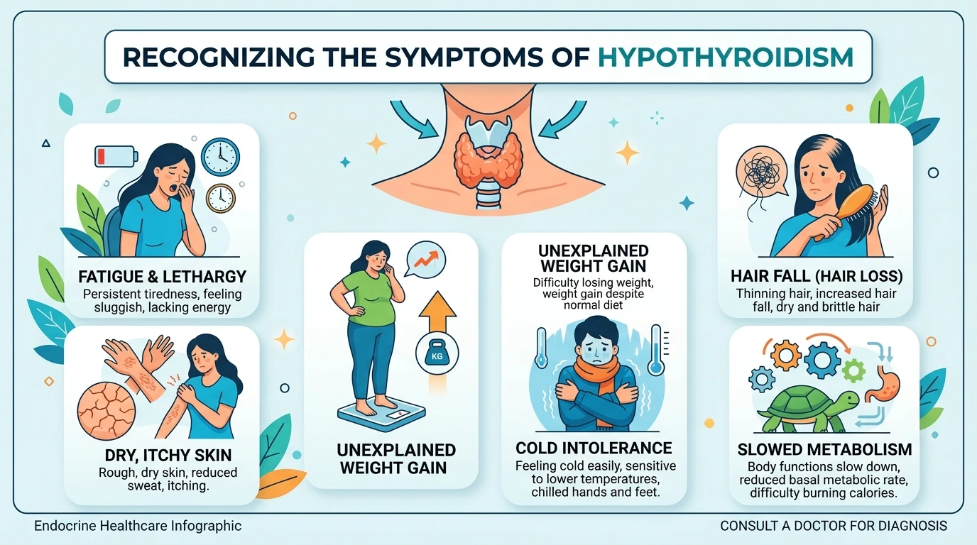 common symptoms of hypothyroidism including fatigue weight gain and hair fall