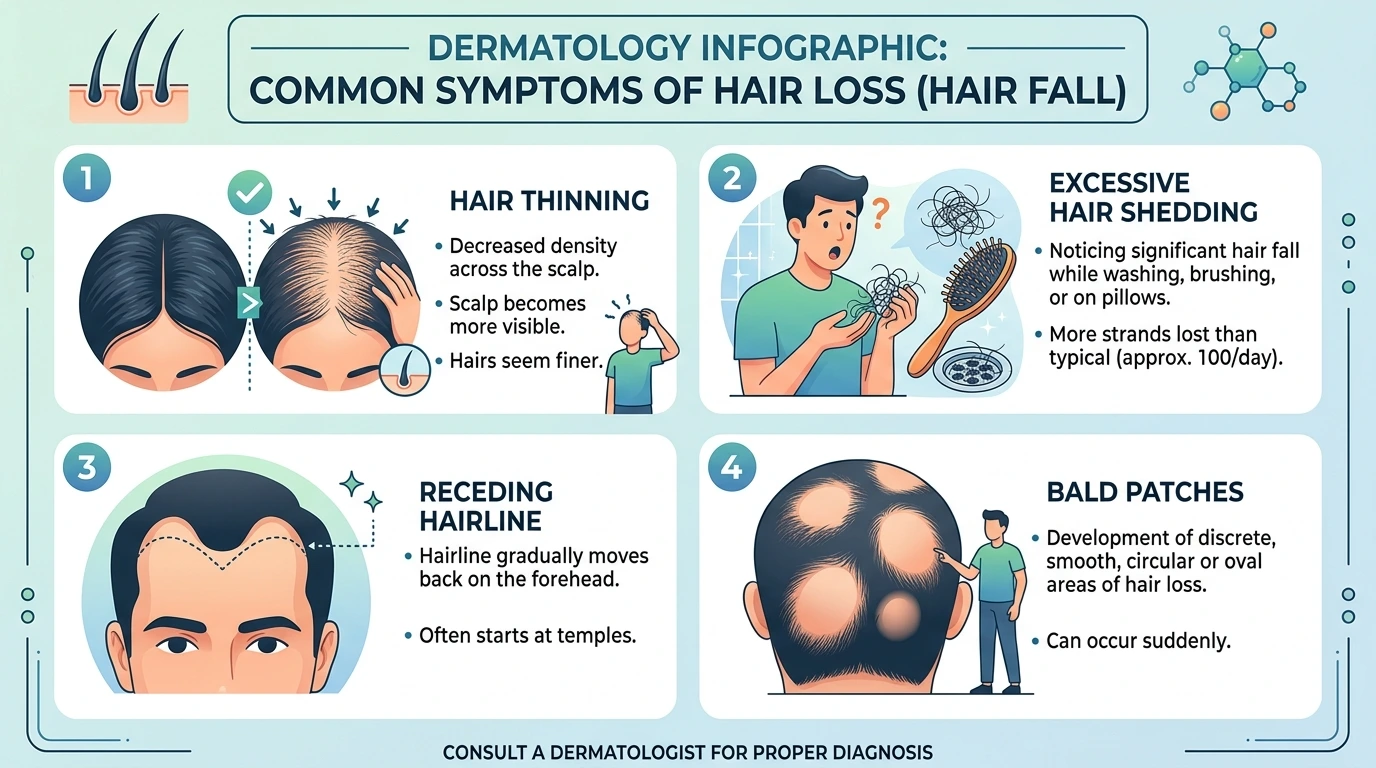 common symptoms of alopecia including hair thinning and bald patches