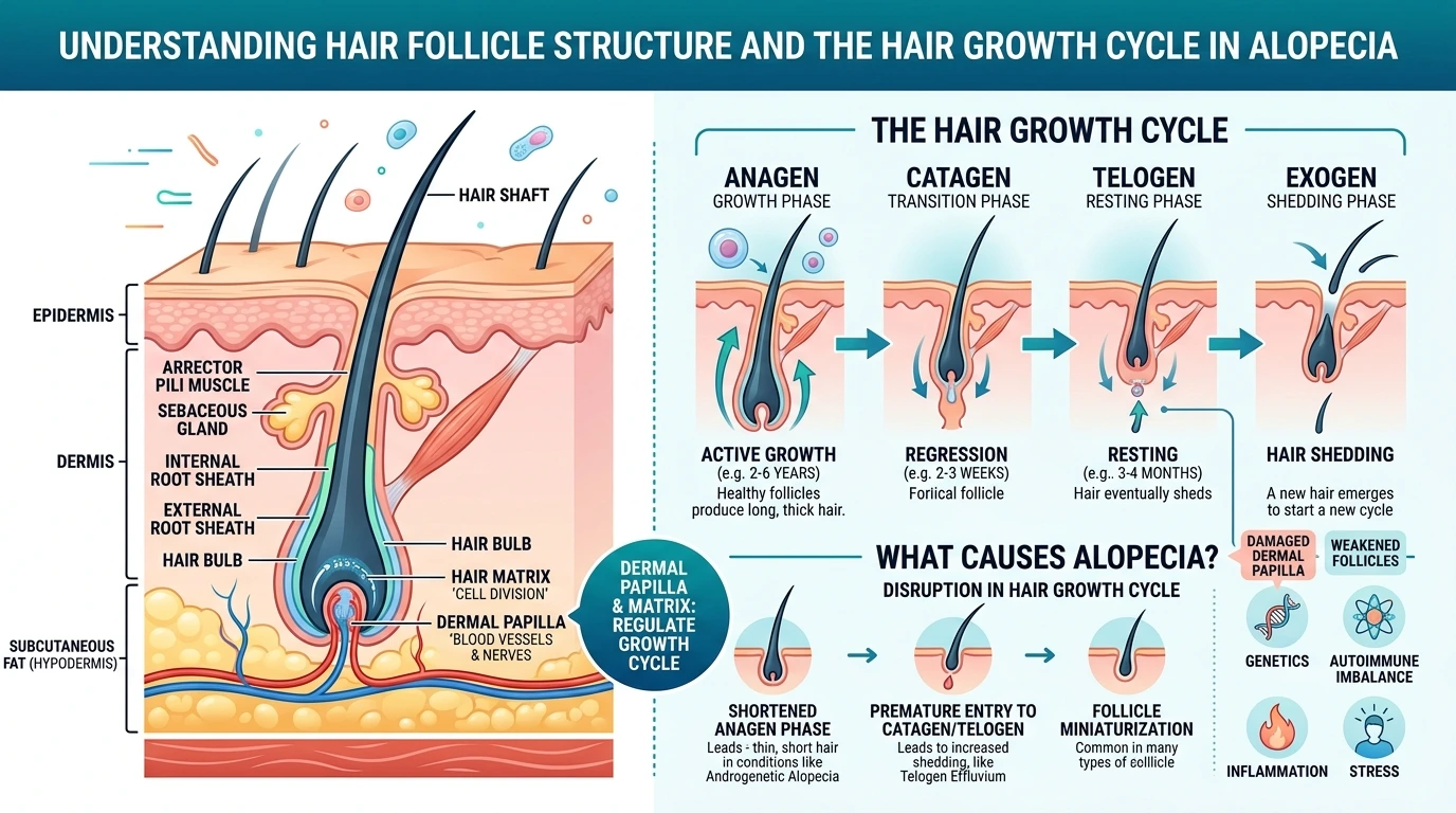 medical illustration showing hair follicle damage in alopecia
