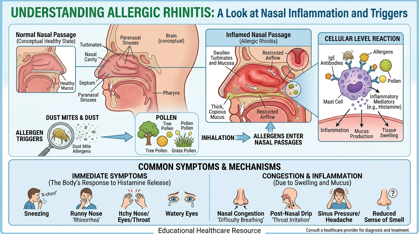 medical illustration showing nasal inflammation in allergic rhinitis