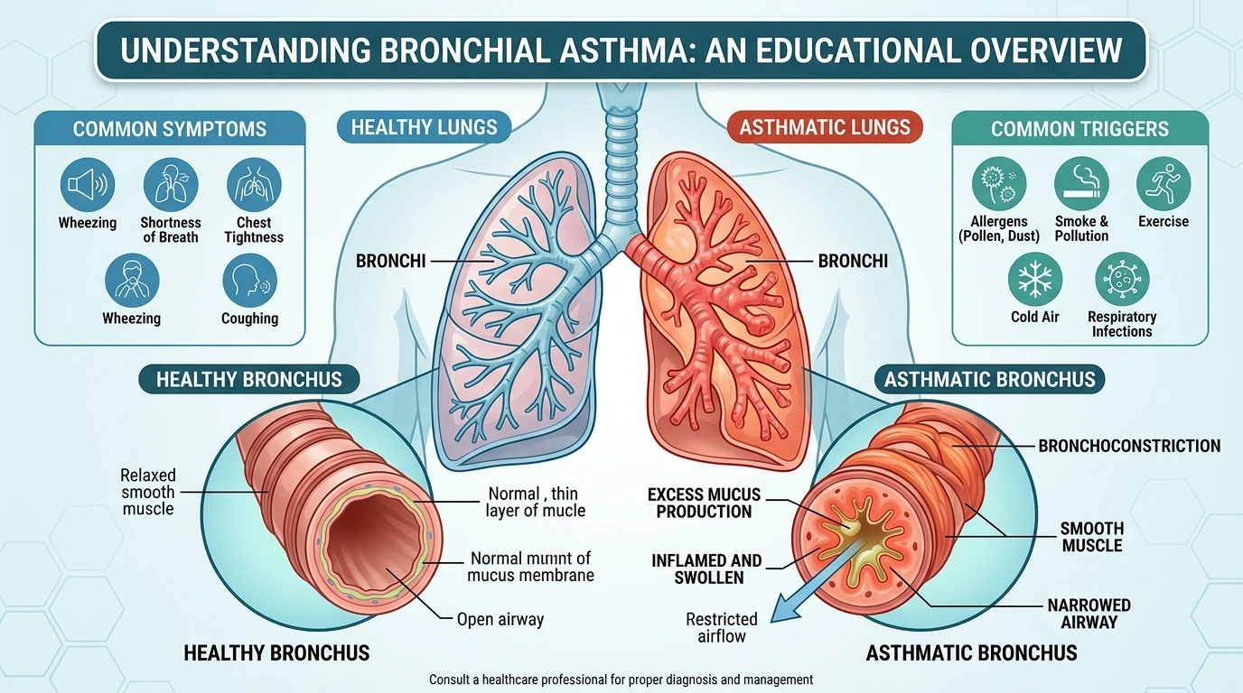 medical illustration showing inflamed airways in bronchial asthma