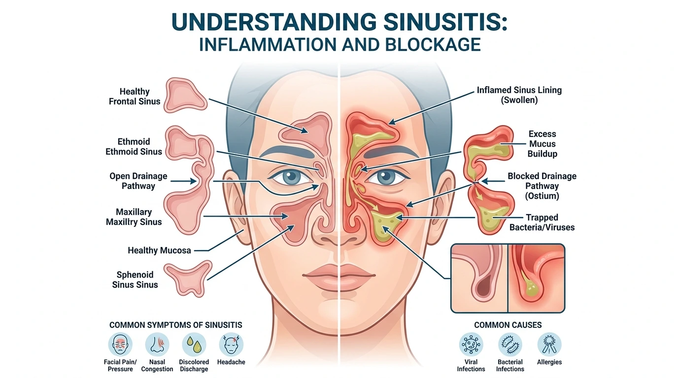 medical illustration showing inflamed sinus cavities in sinusitis