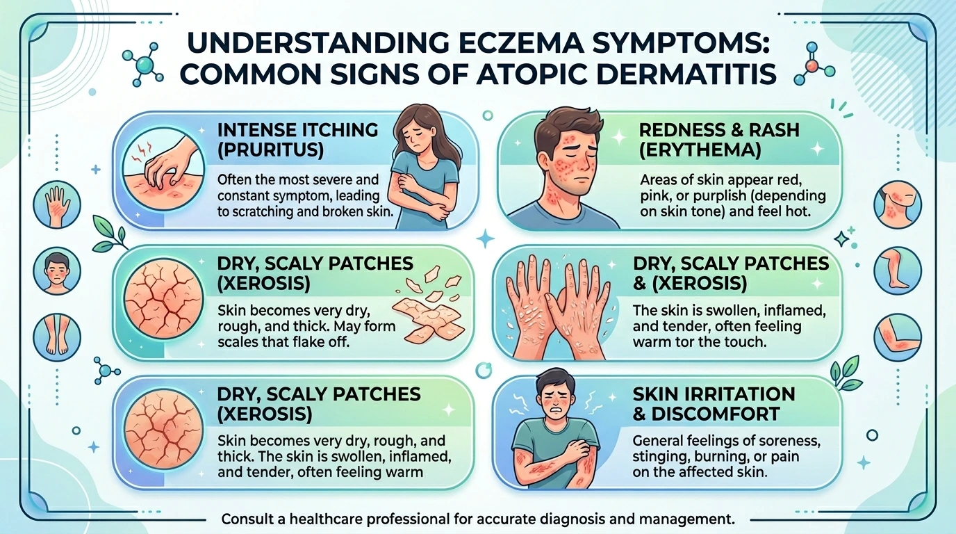 common symptoms of atopic dermatitis including itching redness and dry skin
